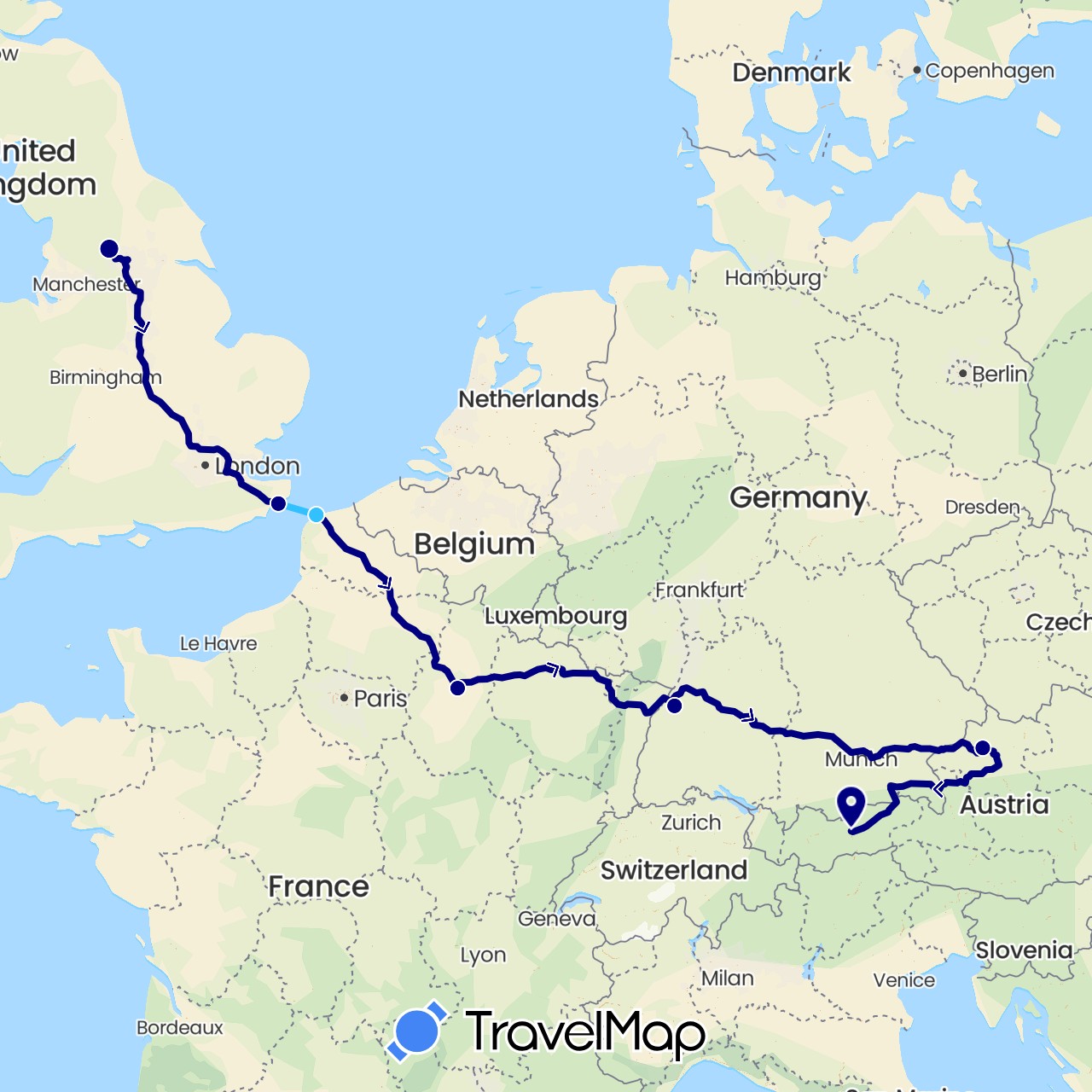 TravelMap itinerary: driving, boat in Austria, Germany, France, United Kingdom (Europe)